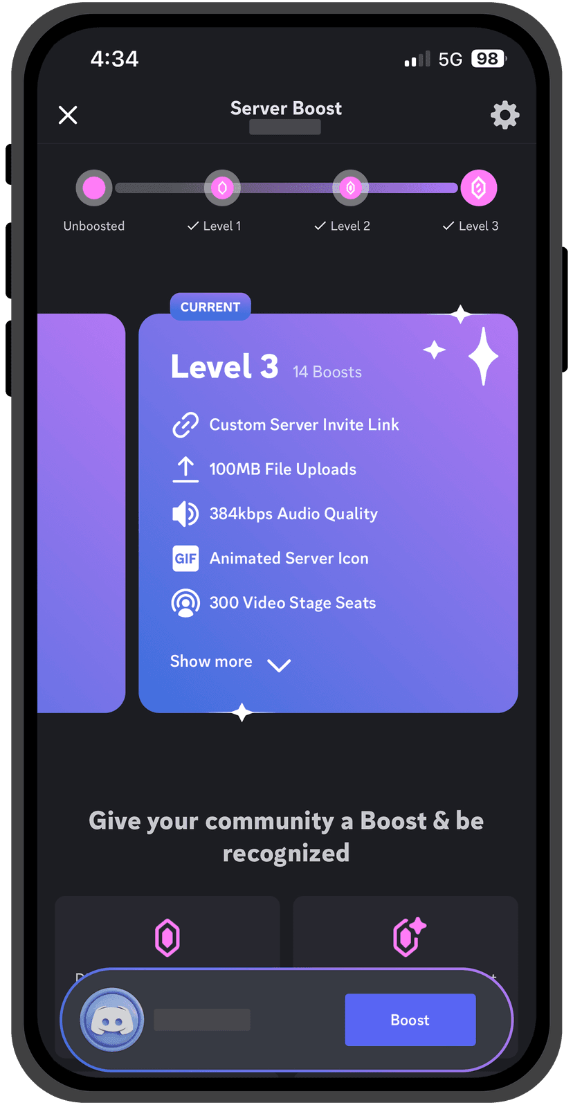 Discord boost progress bar across levels with perks