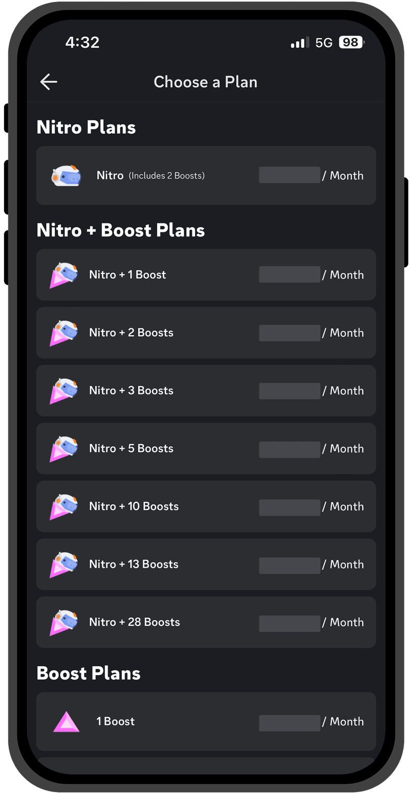 Discord plan picker showing Nitro and boost plans