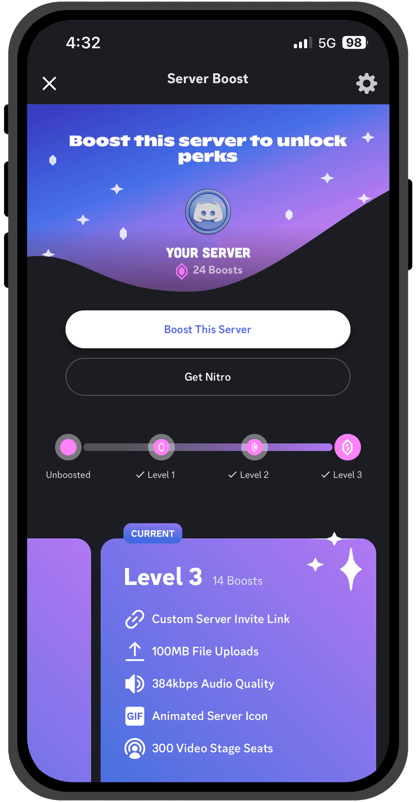 Discord server boost screen at Level 3 with perks listed
